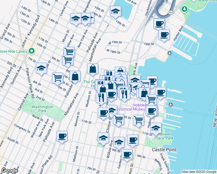 map of restaurants, bars, coffee shops, grocery stores, and more near 1427 Grand Street in Hoboken