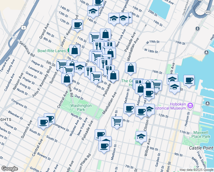 map of restaurants, bars, coffee shops, grocery stores, and more near 600 Palisade Avenue in Union City