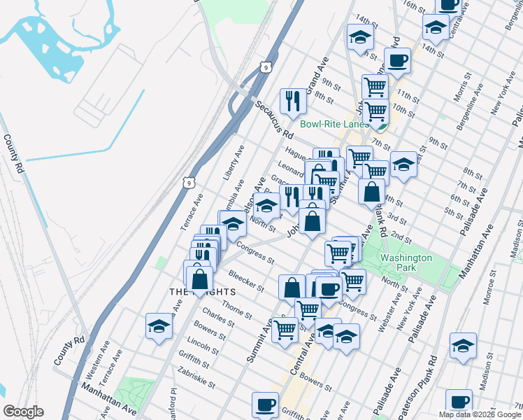 map of restaurants, bars, coffee shops, grocery stores, and more near 139-141 Poplar Street in Jersey City