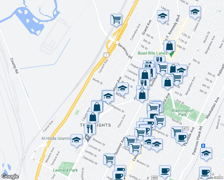 map of restaurants, bars, coffee shops, grocery stores, and more near 208 Columbia Avenue in Jersey City