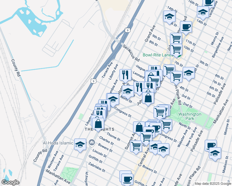 map of restaurants, bars, coffee shops, grocery stores, and more near 208 Columbia Avenue in Jersey City