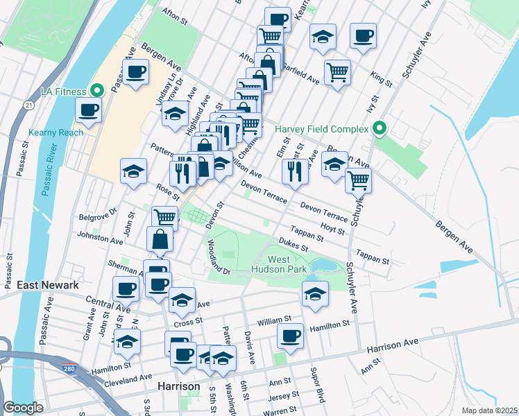 map of restaurants, bars, coffee shops, grocery stores, and more near 94 Hoyt Street in Kearny