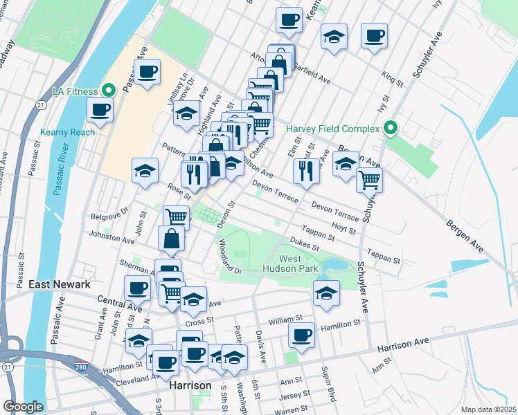 map of restaurants, bars, coffee shops, grocery stores, and more near 21 Tappan Street in Kearny