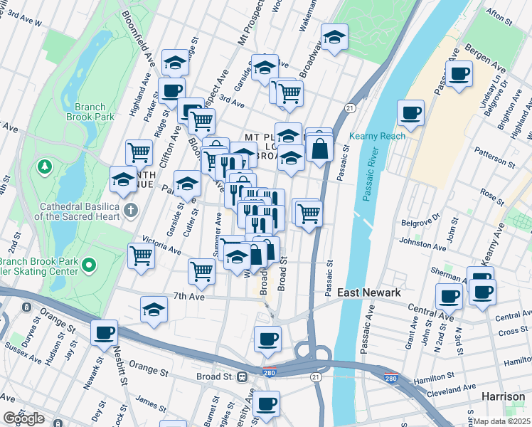 map of restaurants, bars, coffee shops, grocery stores, and more near 136A Broadway in Newark