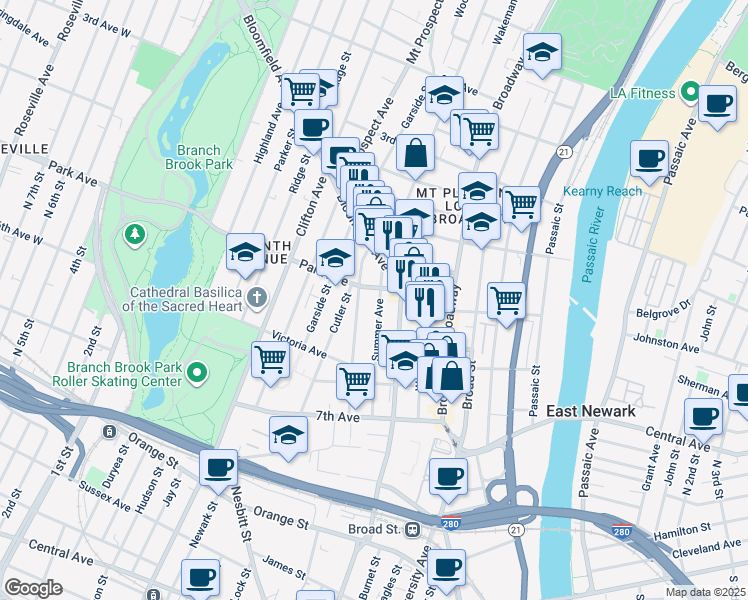 map of restaurants, bars, coffee shops, grocery stores, and more near 118 Summer Avenue in Newark