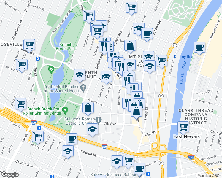 map of restaurants, bars, coffee shops, grocery stores, and more near 105 Cutler Street in Newark