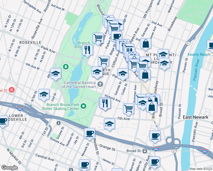 map of restaurants, bars, coffee shops, grocery stores, and more near 147 Clifton Avenue in Newark