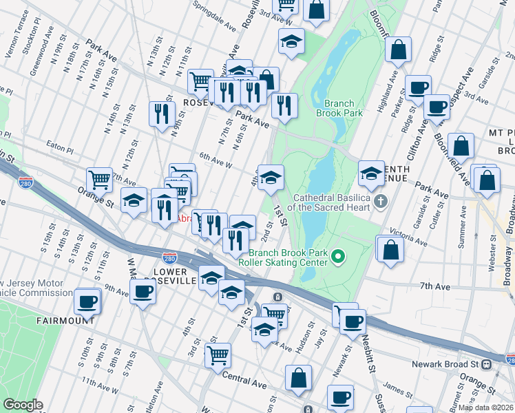 map of restaurants, bars, coffee shops, grocery stores, and more near 1st Street in Newark