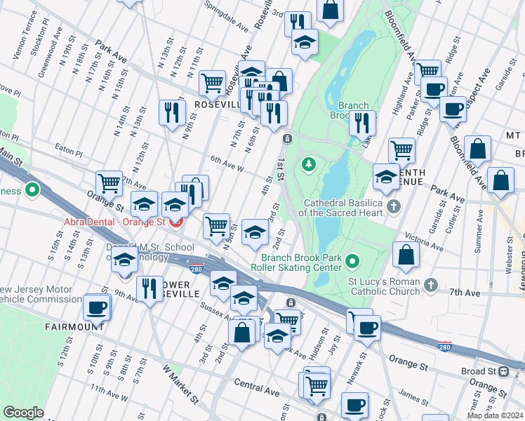 map of restaurants, bars, coffee shops, grocery stores, and more near 220 4th Street in Newark