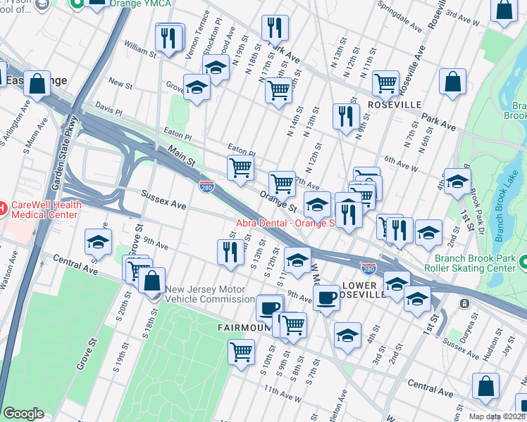 map of restaurants, bars, coffee shops, grocery stores, and more near 15 South 14th Street in Newark