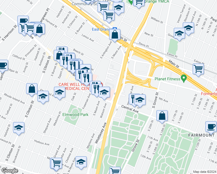 map of restaurants, bars, coffee shops, grocery stores, and more near 70 South Munn Avenue in East Orange