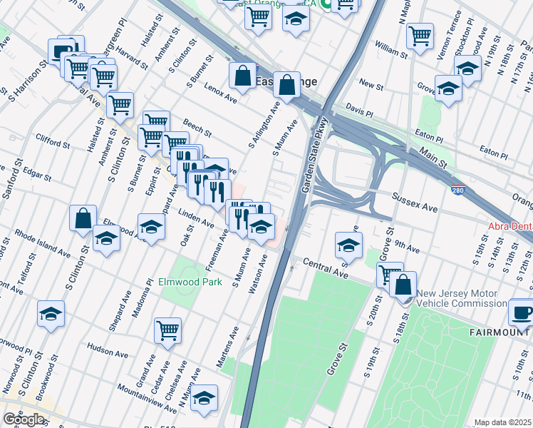 map of restaurants, bars, coffee shops, grocery stores, and more near 70 South Munn Avenue in East Orange