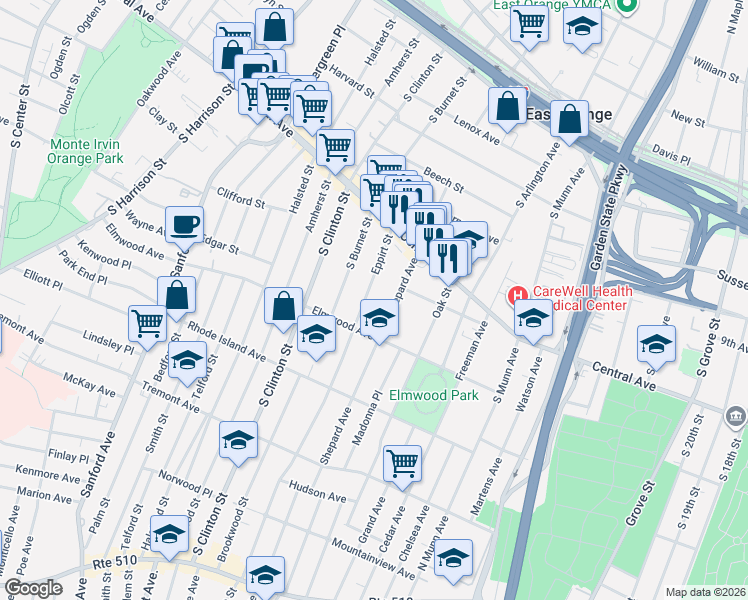 map of restaurants, bars, coffee shops, grocery stores, and more near 71 Eppirt Street in East Orange