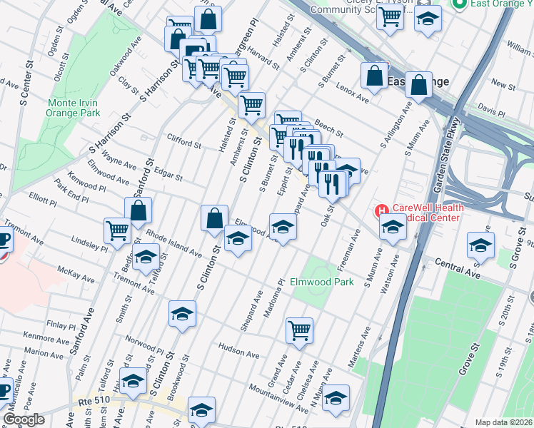 map of restaurants, bars, coffee shops, grocery stores, and more near 71 Eppirt Street in East Orange