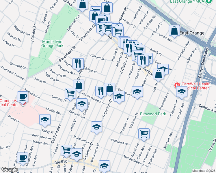 map of restaurants, bars, coffee shops, grocery stores, and more near 218 Elmwood Avenue in East Orange