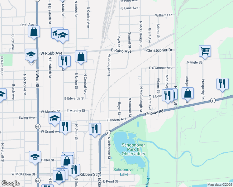 map of restaurants, bars, coffee shops, grocery stores, and more near 1113 Boyer Street in Lima