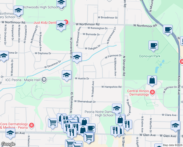 map of restaurants, bars, coffee shops, grocery stores, and more near 1110 West Pembrook Drive in Peoria