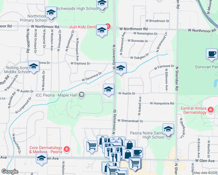 map of restaurants, bars, coffee shops, grocery stores, and more near 5514 N Rosalie Dr in Peoria