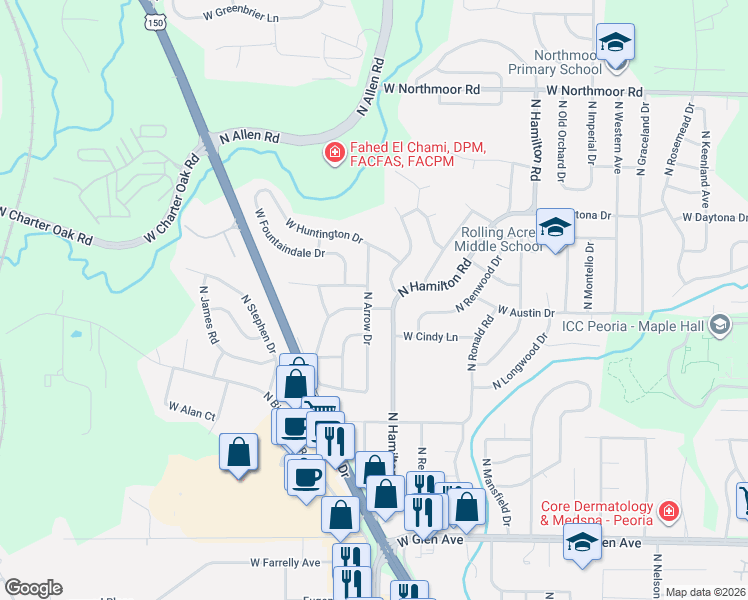 map of restaurants, bars, coffee shops, grocery stores, and more near 2520 West Castle Court in Peoria