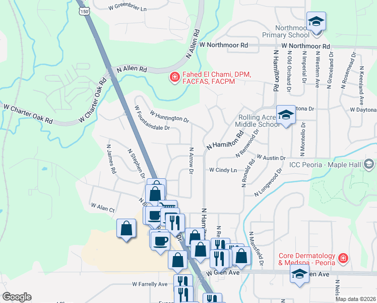 map of restaurants, bars, coffee shops, grocery stores, and more near 2520 West Castle Court in Peoria