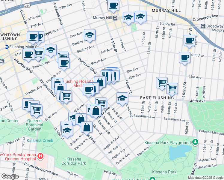 map of restaurants, bars, coffee shops, grocery stores, and more near 45-28 Parsons Boulevard in Queens