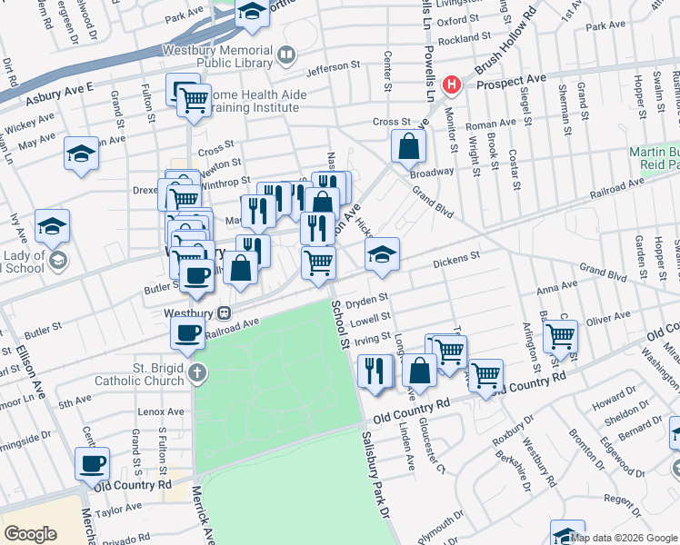 map of restaurants, bars, coffee shops, grocery stores, and more near 167 School Street in Westbury