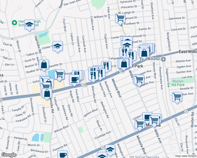 map of restaurants, bars, coffee shops, grocery stores, and more near 270 Hillside Avenue in Williston Park