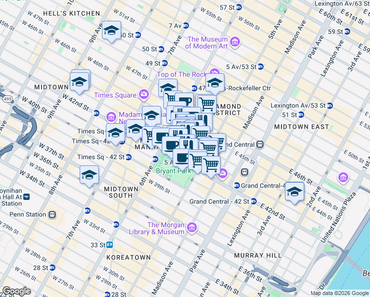 map of restaurants, bars, coffee shops, grocery stores, and more near 25 West 43rd Street in New York
