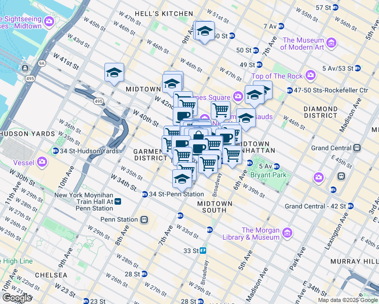 map of restaurants, bars, coffee shops, grocery stores, and more near 214 West 39th Street in New York