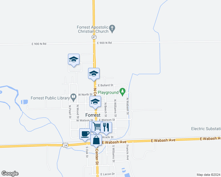 map of restaurants, bars, coffee shops, grocery stores, and more near 216 East Bullard Street in Forrest