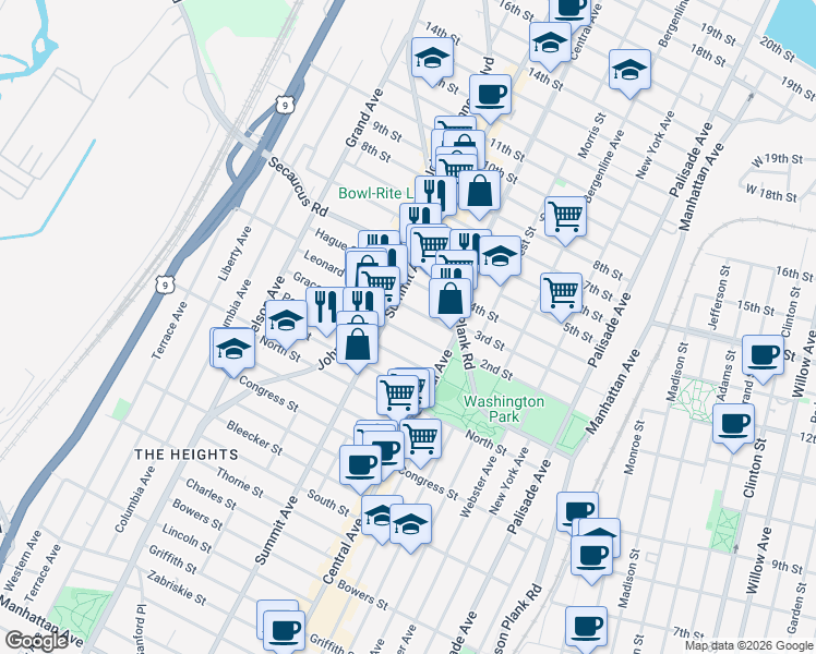 map of restaurants, bars, coffee shops, grocery stores, and more near in Jersey City