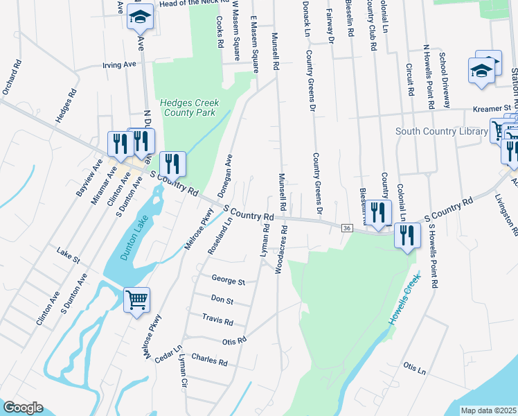 map of restaurants, bars, coffee shops, grocery stores, and more near 861 South Country Road in East Patchogue