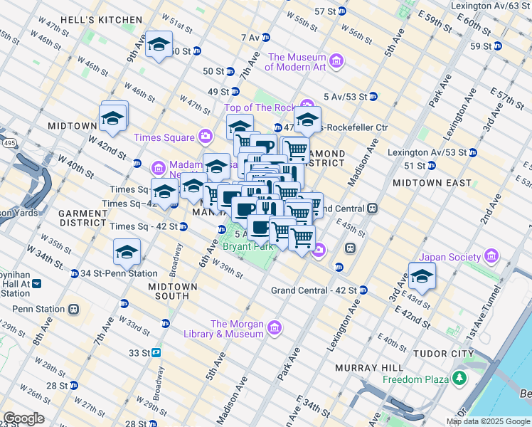 map of restaurants, bars, coffee shops, grocery stores, and more near 25 West 43rd Street in New York