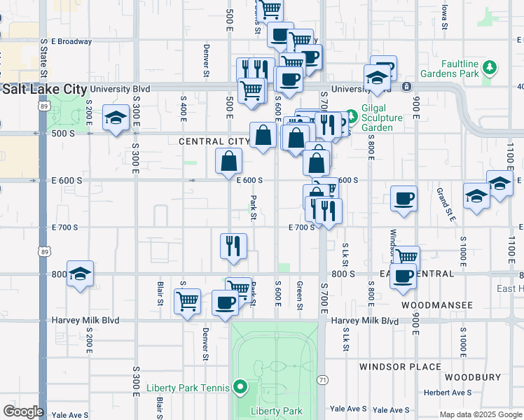map of restaurants, bars, coffee shops, grocery stores, and more near 555 East 700 South in Salt Lake City