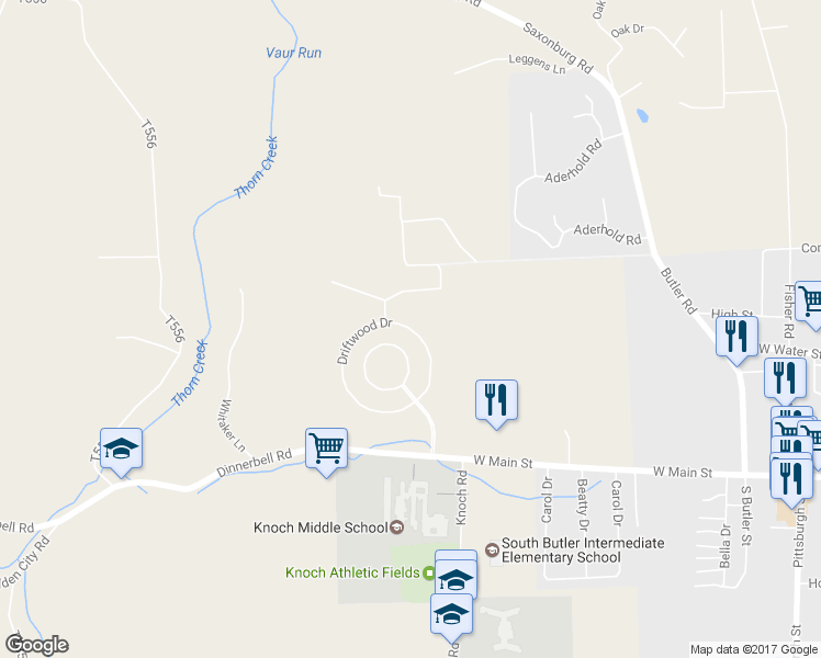 map of restaurants, bars, coffee shops, grocery stores, and more near 204 Driftwood Drive in Saxonburg