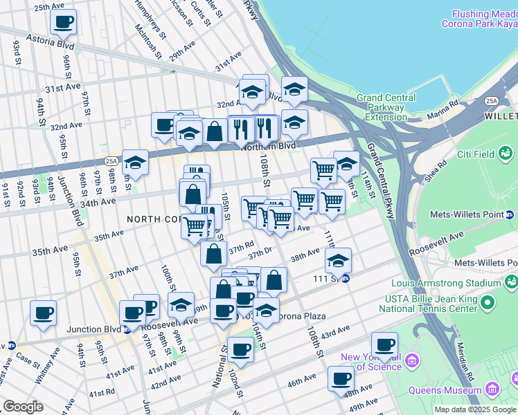 map of restaurants, bars, coffee shops, grocery stores, and more near 34-43 107th Street in Queens