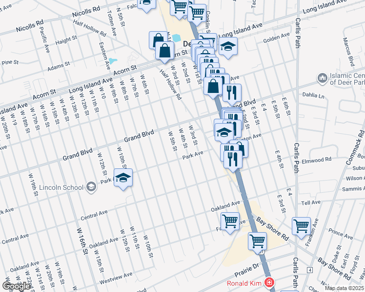 map of restaurants, bars, coffee shops, grocery stores, and more near 150w West 4th Street in Deer Park
