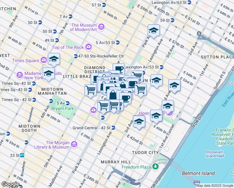 map of restaurants, bars, coffee shops, grocery stores, and more near 247 Park Avenue in New York