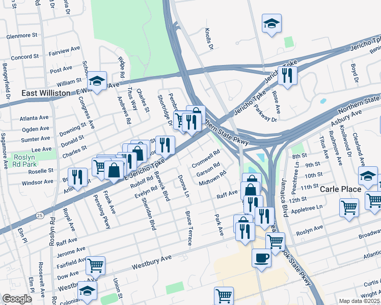 map of restaurants, bars, coffee shops, grocery stores, and more near 401 East Jericho Turnpike in Carle Place