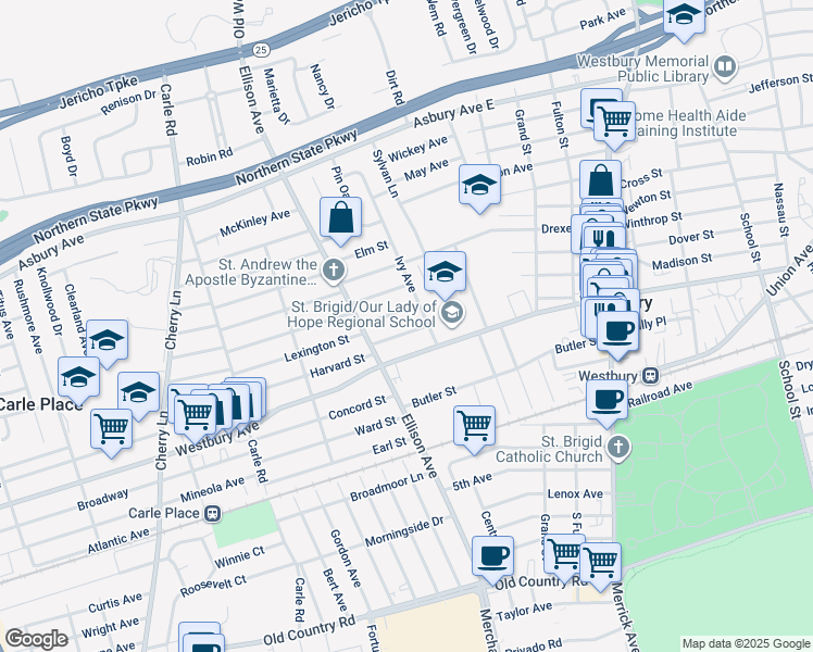 map of restaurants, bars, coffee shops, grocery stores, and more near 37 Poplar Street in Westbury