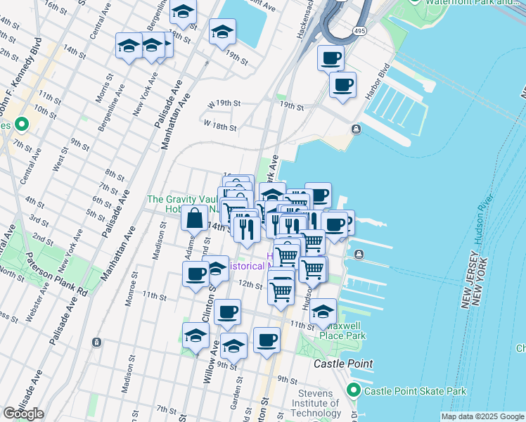 map of restaurants, bars, coffee shops, grocery stores, and more near 1501 Park Avenue in Hoboken
