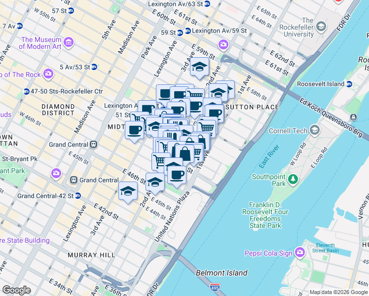 map of restaurants, bars, coffee shops, grocery stores, and more near 319 East 50th Street in New York