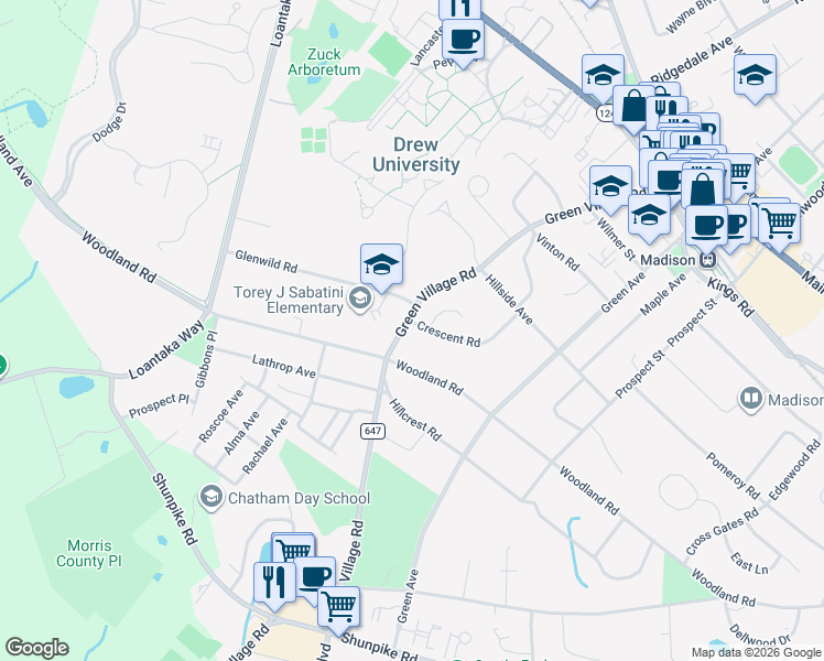 map of restaurants, bars, coffee shops, grocery stores, and more near 128 County Route 647 in Madison