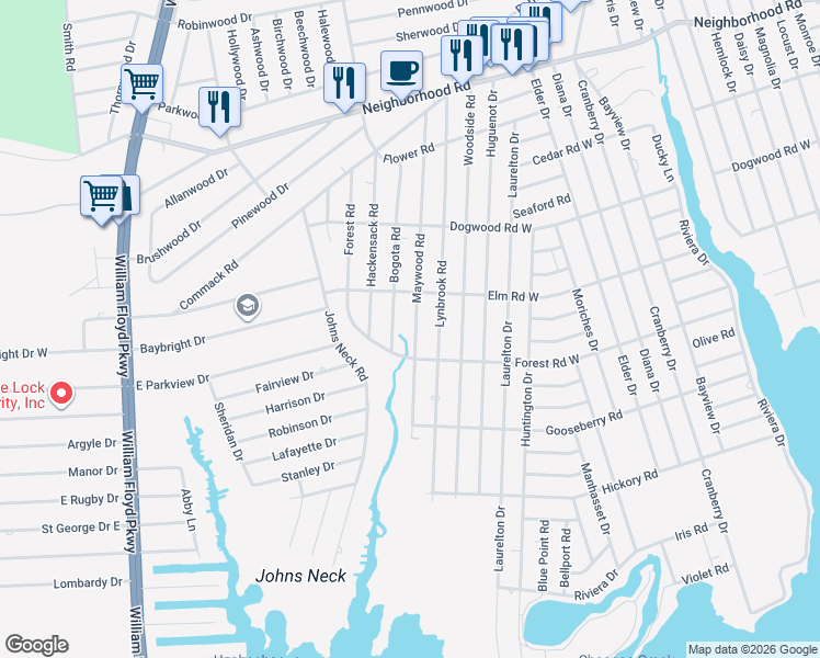 map of restaurants, bars, coffee shops, grocery stores, and more near 120 Maywood Road in Mastic Beach