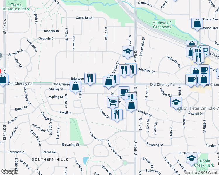 map of restaurants, bars, coffee shops, grocery stores, and more near 5700 Village Boulevard in Lincoln