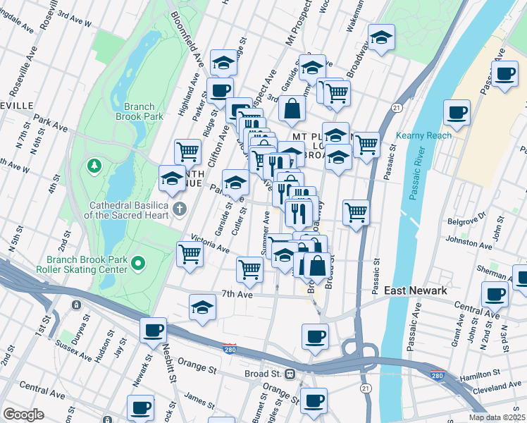 map of restaurants, bars, coffee shops, grocery stores, and more near 118 Summer Avenue in Newark