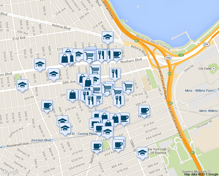 map of restaurants, bars, coffee shops, grocery stores, and more near 34-43 107th Street in Queens