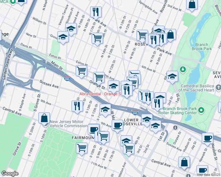 map of restaurants, bars, coffee shops, grocery stores, and more near 563 Orange Street in Newark