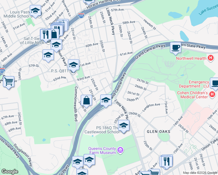 map of restaurants, bars, coffee shops, grocery stores, and more near 66-06 254th Street in Queens