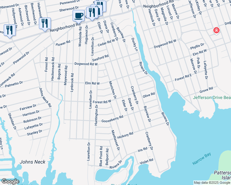 map of restaurants, bars, coffee shops, grocery stores, and more near 71 Moriches Drive in Mastic Beach